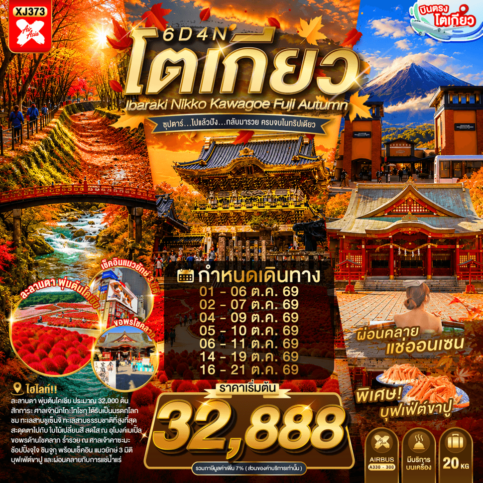 ทัวร์ TOKYO IBARAKI NIKKO KAWAGOE FUJI AUTUMN 6D 4N BY XJ -- OCT'25 --- ซุปตาร์...ไปแล้วปัง...กลับมารวย ครบจบในทริปเดียว - XJ373